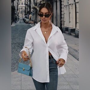 Elegant White Casual Cut Out Back Drop Shoulder Women’s Button-up Shirt